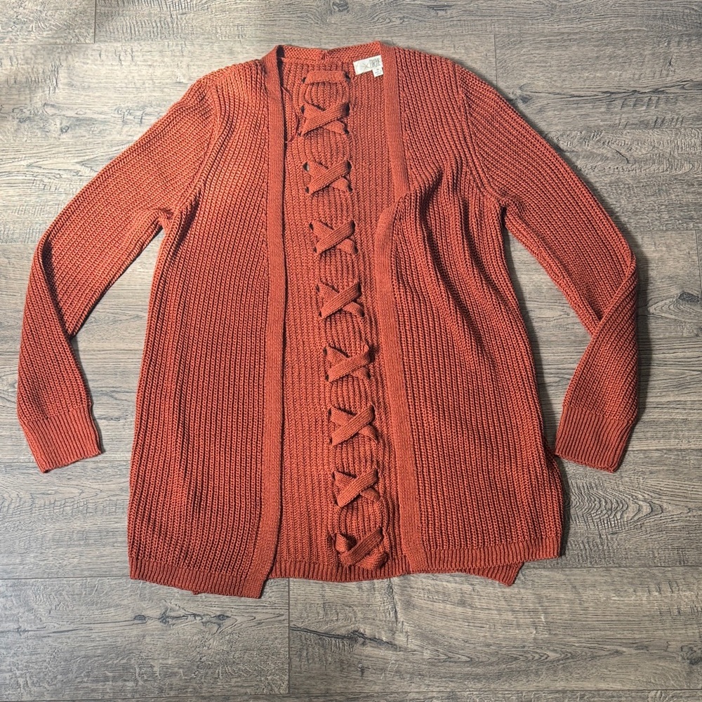 Open-Front Rust Knit Cardigan with Back Lattice Detail